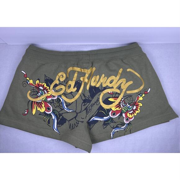 Ed Hardy Pants - NWT Ed Hardy Women's Olive Green Fleece Butterfly Tattoo Shorts Large EHW8004-15
